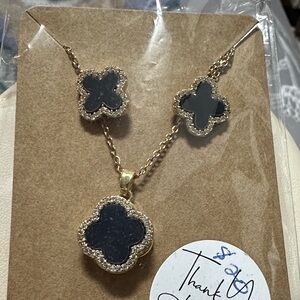 Gold-Tone Necklace and Earrings set with Black Clover Pendants and Pavé Trim